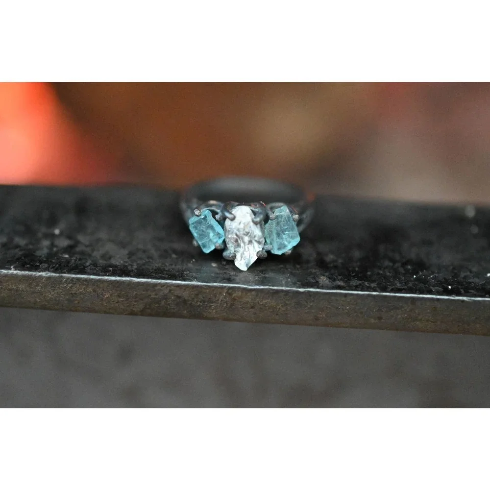 Raw Diamond Trillion Engagement Ring Aquamarine Rough Diamond Natural Un…